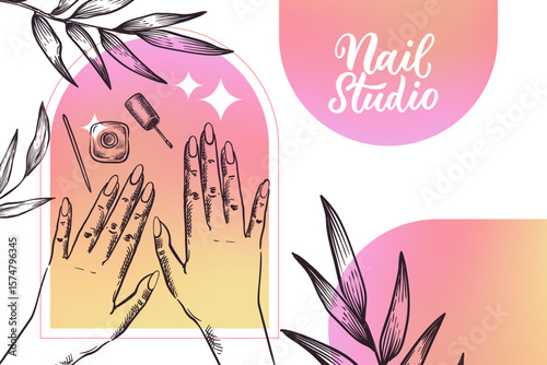 Nail studio, beauty salon banner, poster, flyer design. Women hands, nail lacquer, leaves vector sketch illustration