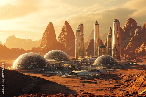 futuristic Mars base cityskyline with terraforming domes