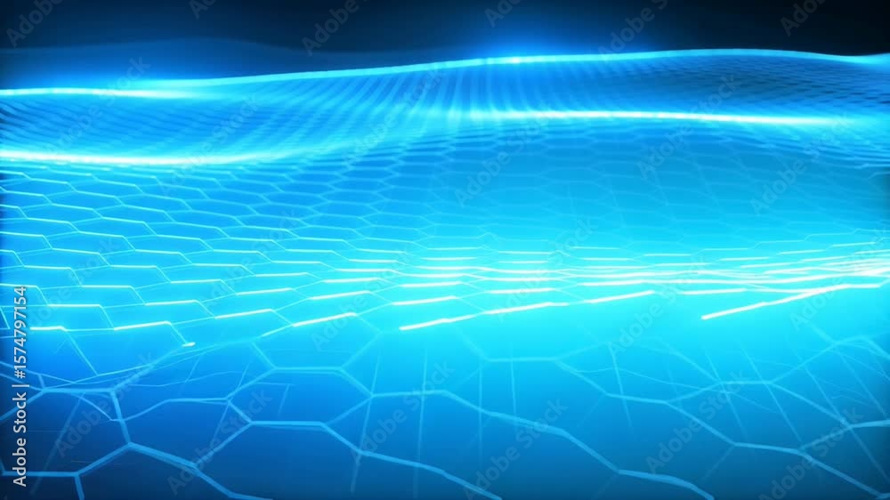 Wavy Blue Hexagon Grid Moving with Neon Light Abstract Background