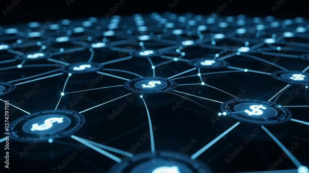 A digital network of dollar symbols connected by glowing lines represents the future of online banking and cryptocurrency