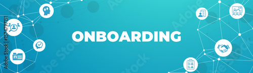 Onboarding vector illustration. Concept with connected icons related to welcoming new hire, welcome culture in the company, employee satisfaction, talent retention, workforce training.