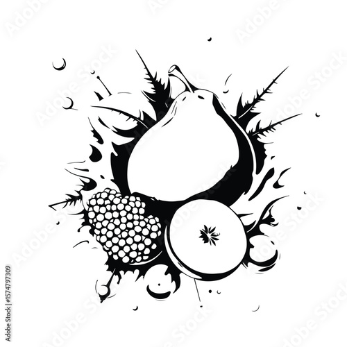 Artistic fruit splash composition vector design concept black and white illustration.