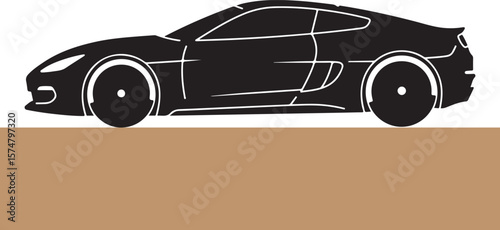 Sleek black sports car silhouette illustration against a white backdrop and earth tone ground