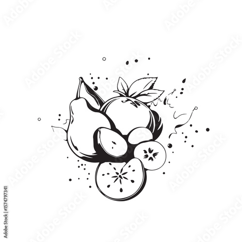 Artistic fruit splash composition vector design concept black and white illustration.