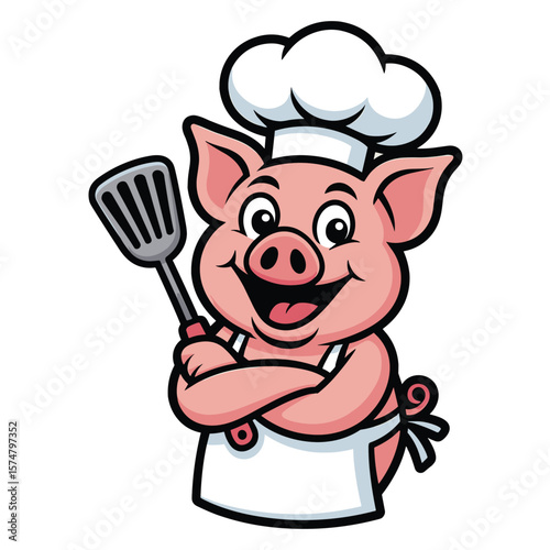 Happy cartoon pig chef wearing a chef hat and apron holding a spatula