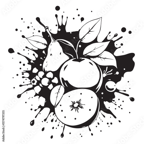 Artistic fruit splash composition vector design concept black and white illustration.