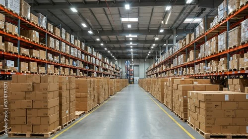 Vast Warehouse Interior: Rows of Pallets Efficient Logistics Industrial Storage.
