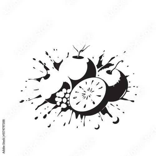 Artistic fruit splash composition vector design concept black and white illustration.