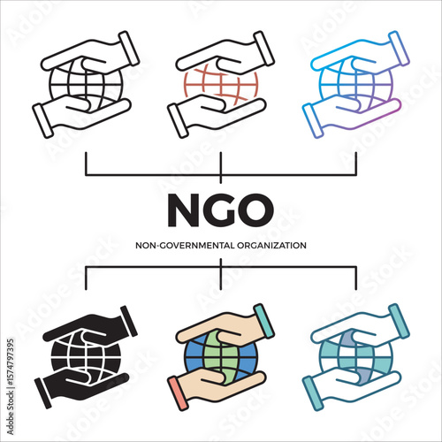 Illustration of NGO symbol representing nonprofit public service, charity, and humanitarian organization concept in various design styles.