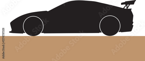 Silhouette of a modern sports car with a wing on the ground in black vector illustration