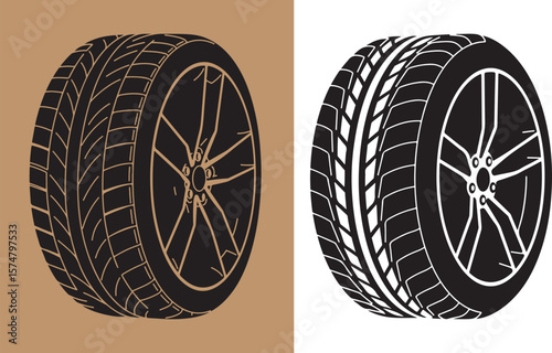 Vector illustration of two modern car tires with alloy wheels and tread detail