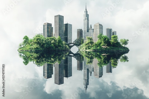 mirrored twin cityskyline on two floating islands