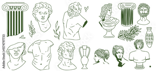 Floral ancient Greek male and female statues isolated clip art bundle, antique sculptures with flowers black white line figures, hand drawn women bust with botanical bouquet 