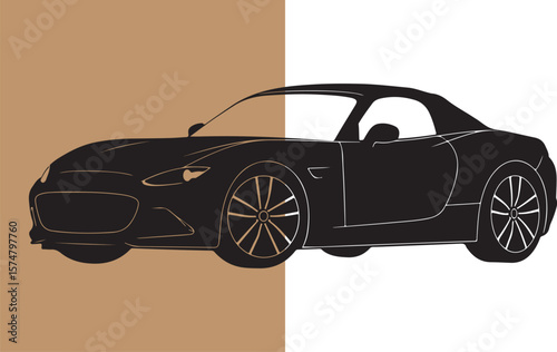 Black sports car silhouette with stylish wheels on brown and white background