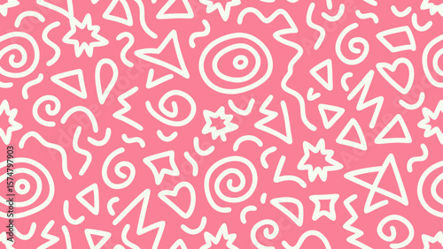 Memphis fun geometric seamless pattern. Cool abstract background, retro 80s, 90s style with basic shapes: star, triangle, circle, semicircle, heart, zigzag, spiral, wavy lines. Cute kid Memphis