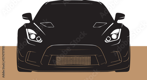 Front view illustration of a modern sport car design in black and white with geometric outlines