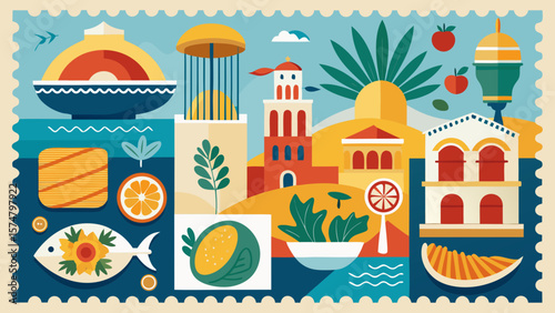 Trendy Mediterranean vector postage stamps with pasta, fish, lemon, ocean icons, retro coastal travel illustrations, Italian summer doodle art print