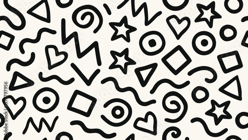 Memphis geometric seamless pattern. Monochrome abstract background in retro 80s, 90s style with various shapes: circles, semicircles, dots, zigzags, spirals, wavy lines. Cute kid doodle design abstrac