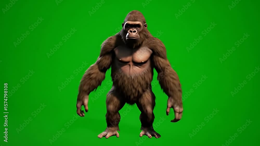 Funny brown gorilla. Super realistic fur and hair. green screen chroma wide shot 4K animation