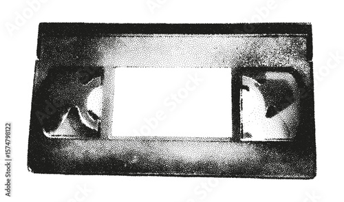 Trendy halftone monochrome stipple element. VHS tape, vintage old analog video cassette front view. Grunge punk dots texture for y2k collage design. Retro photocopy vector illustration