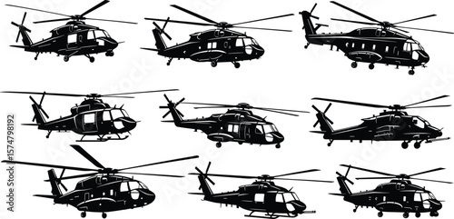 Helicopter designs, set of different chopper shapes, aerial transport, search and rescue, military aviation, commercial flight, air mobility.