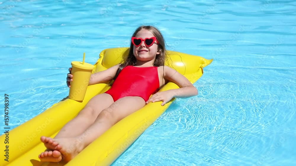 Happy little girl in a red swimsuit and heart-shaped sunglasses lies on yellow inflatable mattress in swimming pool, sipping refreshing lemonade. Slow motion footage. Summer all inclusive vacation