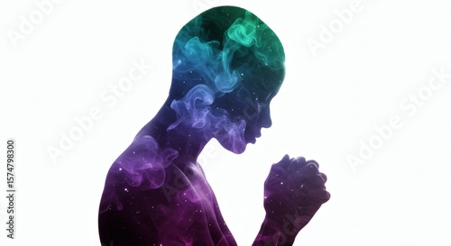Ethereal Prayer Woman Silhouetted with Nebula on White with Spiritual Hope.