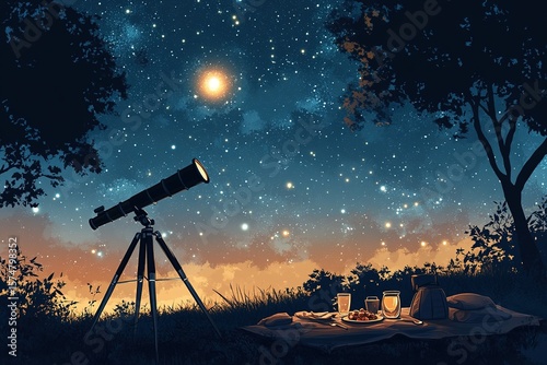 nighttime picnic under the stars with telescope