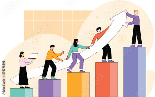 Teamwork and collaboration driving business growth and success with upward arrow