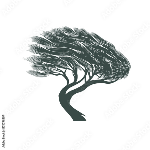 Abstract tree illustration with flowing lines suggesting wind blowing through its branches. Simple, elegant nature.