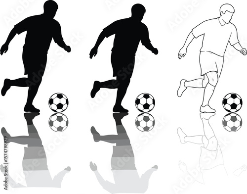 Football players in action, dribbling, practicing, reflected, sport, athletic, competition, game, team, fitness, healthy lifestyle.