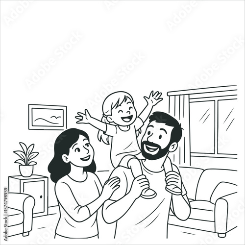 Happy Family Father Carrying Daughter on Shoulders with Mother