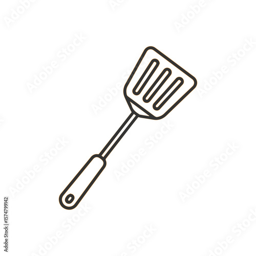 Simple outline drawing of a slotted spatula kitchen utensil on a white background