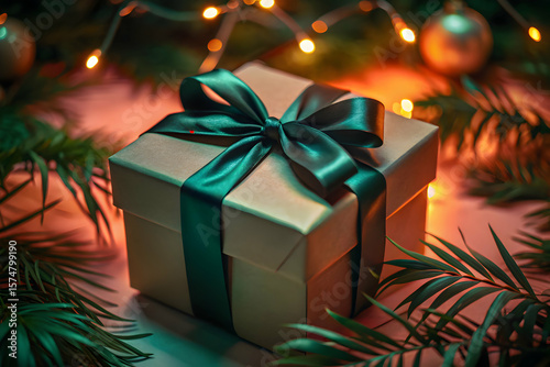 Pastel gift box with black ribbon on pink background