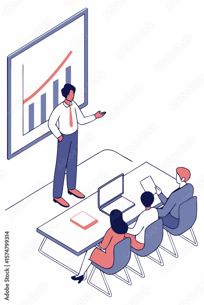 Fototapeta premium Leader explaining financial report to experts, ideal for corporate teamwork, growth, or leadership promotions.