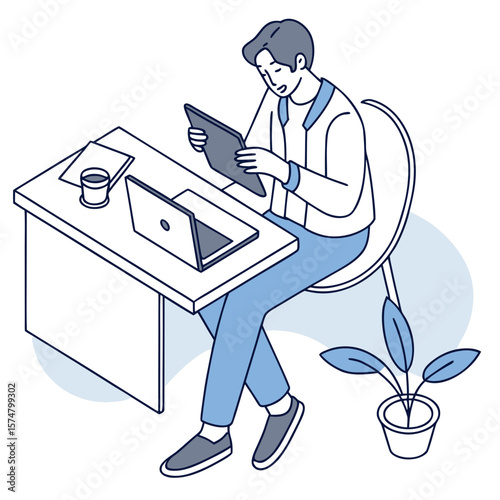 Focused employee scrolling tablet during case study, ideal for teamwork, learning, or productivity promotions.