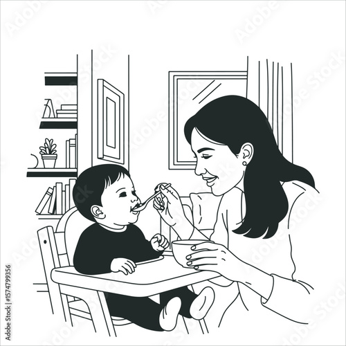 Mother feeding the baby with a spoon