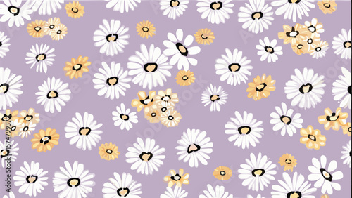 Floral pattern with white and yellow daisies scattered on a light purple background design element
