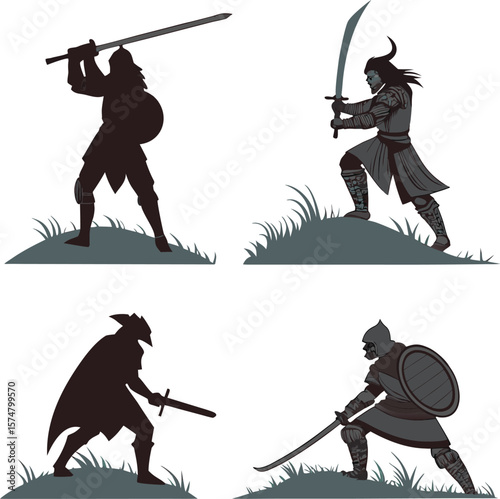 A vector set of diverse country silhouettes, featuring people engaged in music, sport, and dance, alongside military figures, all in black