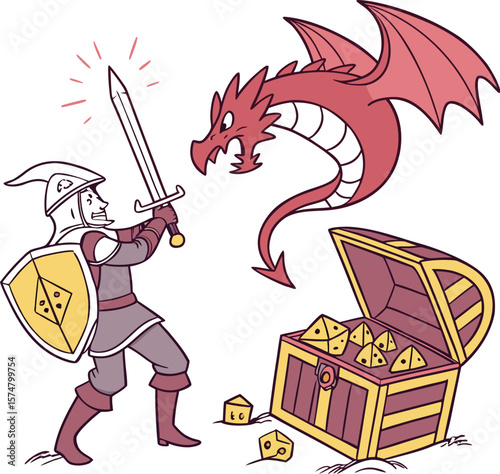 Funny cartoon vector art drawing of a knight with a sword and shield