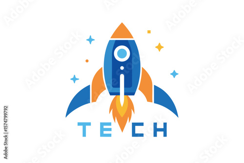 Blue and orange rocket blasting off with the word tech below