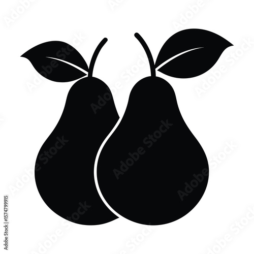 Simple black silhouette icon of two pears with leaves on white background
