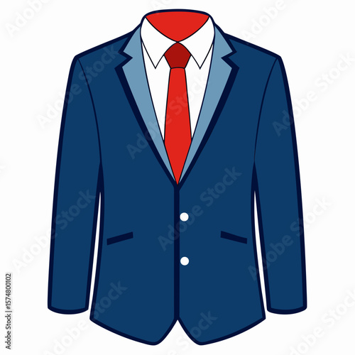 Vector illustration of a classic navy blue blazer paired with a crisp white dress shirt and a bright red tie
