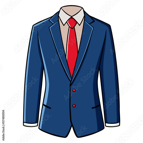 Vector illustration of a classic navy blue blazer paired with a crisp white dress shirt and a bright red tie