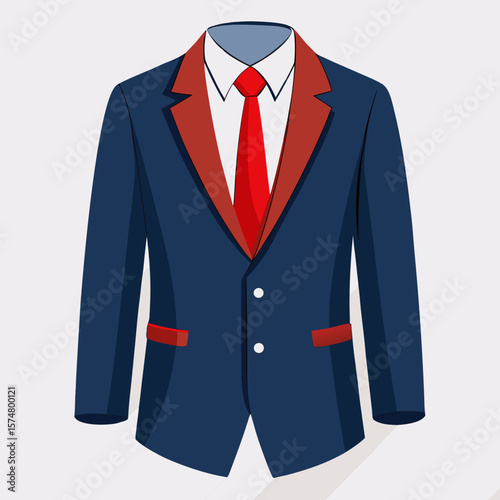 Vector illustration of a classic navy blue blazer paired with a crisp white dress shirt and a bright red tie