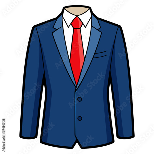Vector illustration of a classic navy blue blazer paired with a crisp white dress shirt and a bright red tie