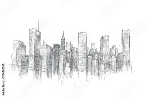 sketch-style cityskyline with pencil and ink textures