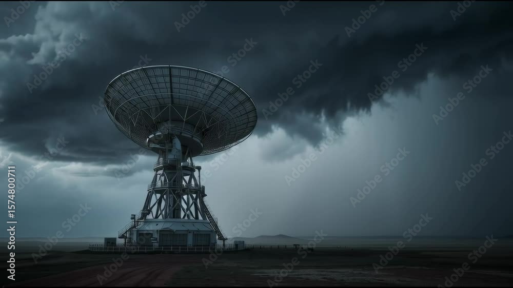 Close-up of a spinning weather radar dish on top of a tall tower, surrounded by storm clouds and lightning in the background — dramatic atmospheric mood