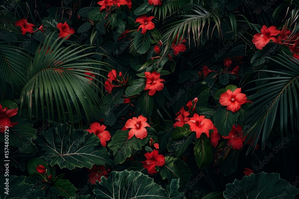Naklejka premium Vibrant red hibiscus flowers add a splash of color to a backdrop of deep green tropical leaves, creating a vibrant and exotic scene