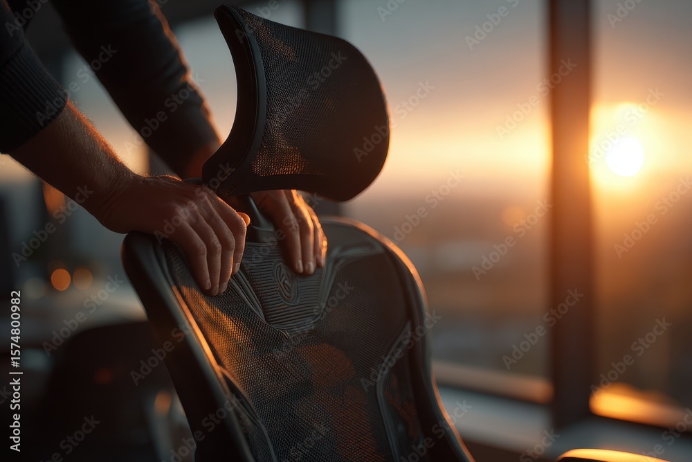© whitestorm - Hands adjusting a modern ergonomic chair isolated on transparent background at sunset